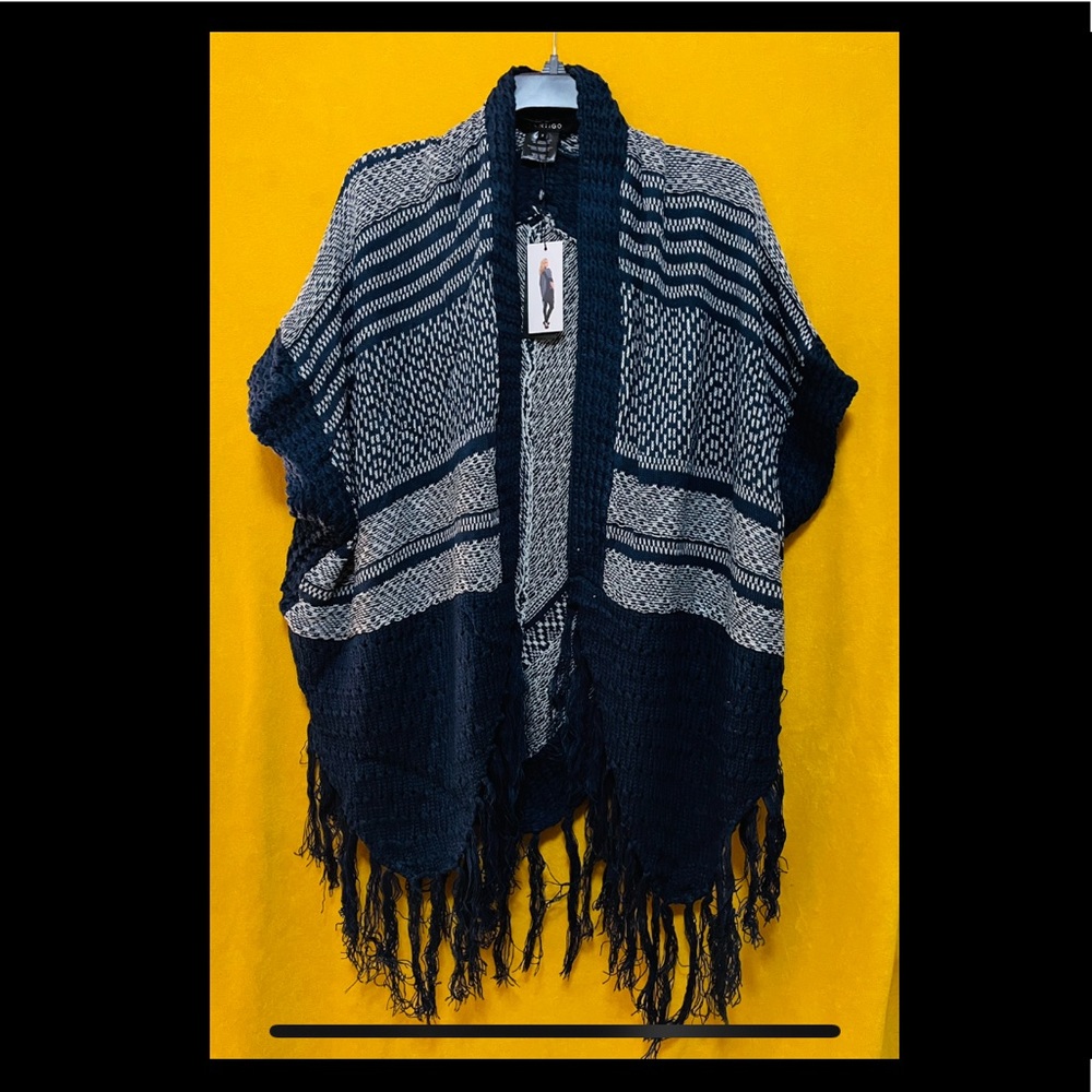 Vertigo Navy/Storm grey open front poncho sweater